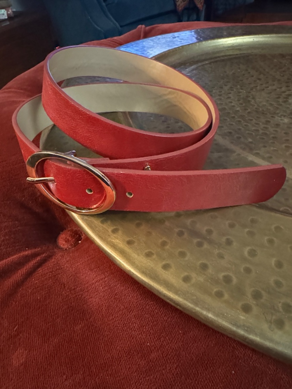 Calvin Klein Red Leather Belt with Gold Oval Buckle Accent